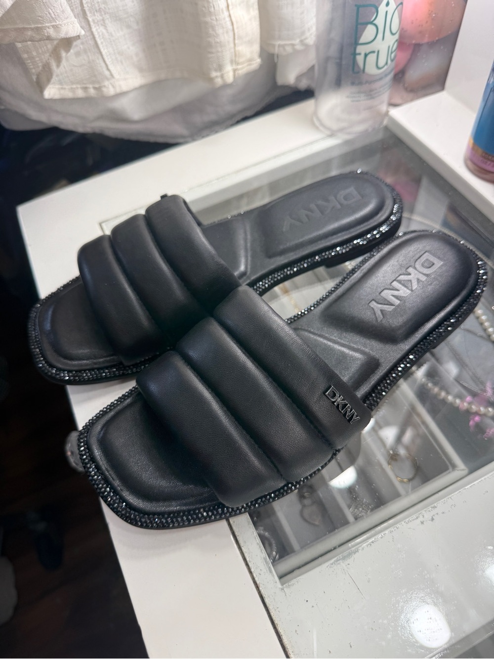 DKNY Black Padded Rhinestone Slide Sandals with Quilted Strap